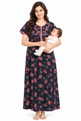 Evolove Women's Zero Polyester Maternity Feeding Nighty with Front Open Zipper | Feather-Soft Skin-Friendly Breathable Viscose Fabric (LNGRY3544CBM)