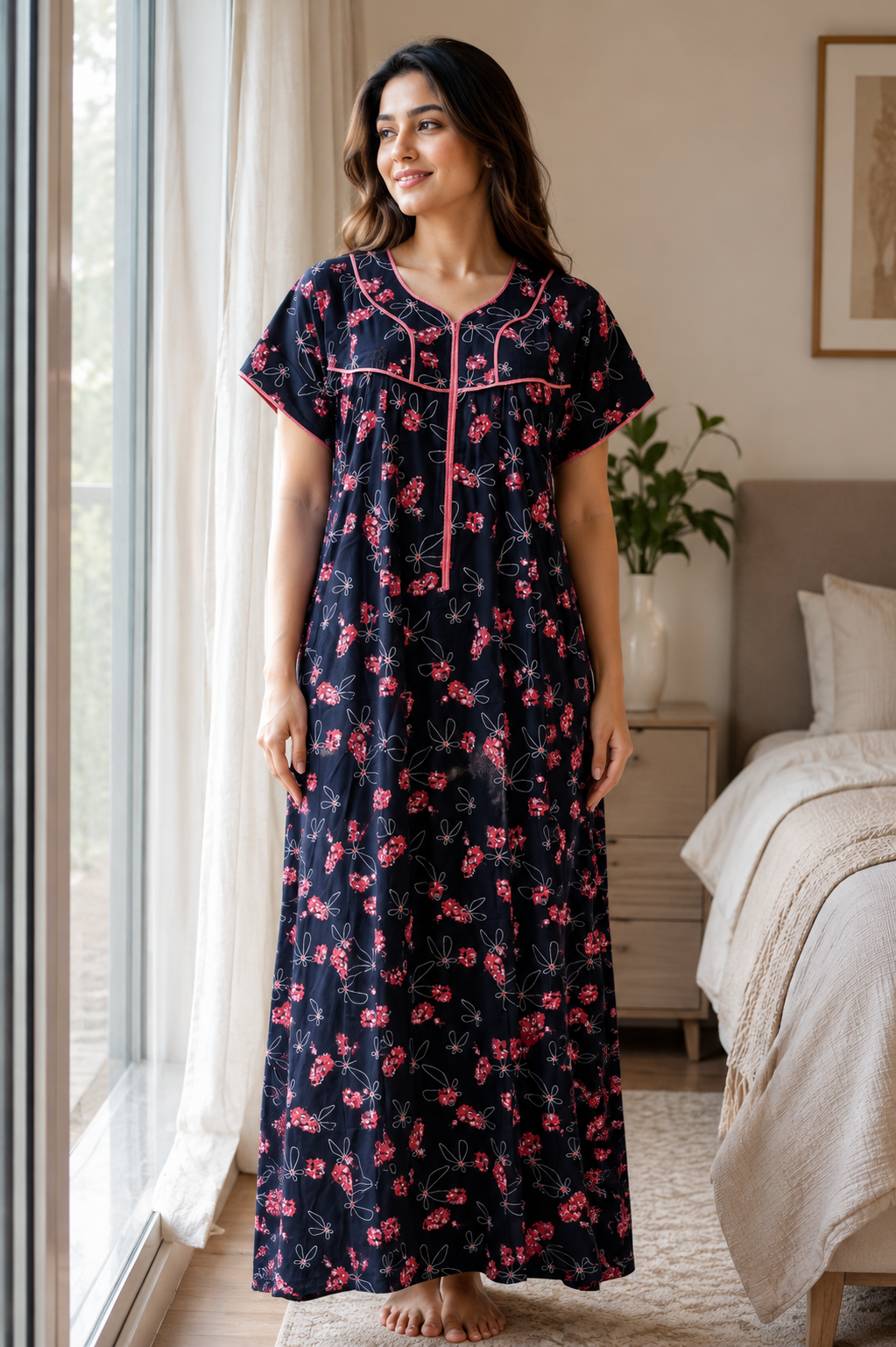 Evolove Floral Print Rayon Nighty with Front Zipper | Classic Black (LNGRY3544CB)