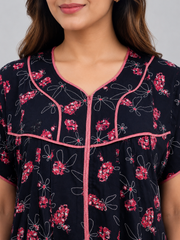 Evolove Floral Print Rayon Nighty with Front Zipper | Classic Black (LNGRY3544CB)