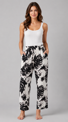 Women’s Black & White Floral Rayon Pajama | Soft Lounge Wear | Elastic Waist | Side Pockets