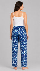 Women’s Blue Leaf Printed Rayon Pajama | Soft Lounge Wear | Elastic Waist | Side Pockets