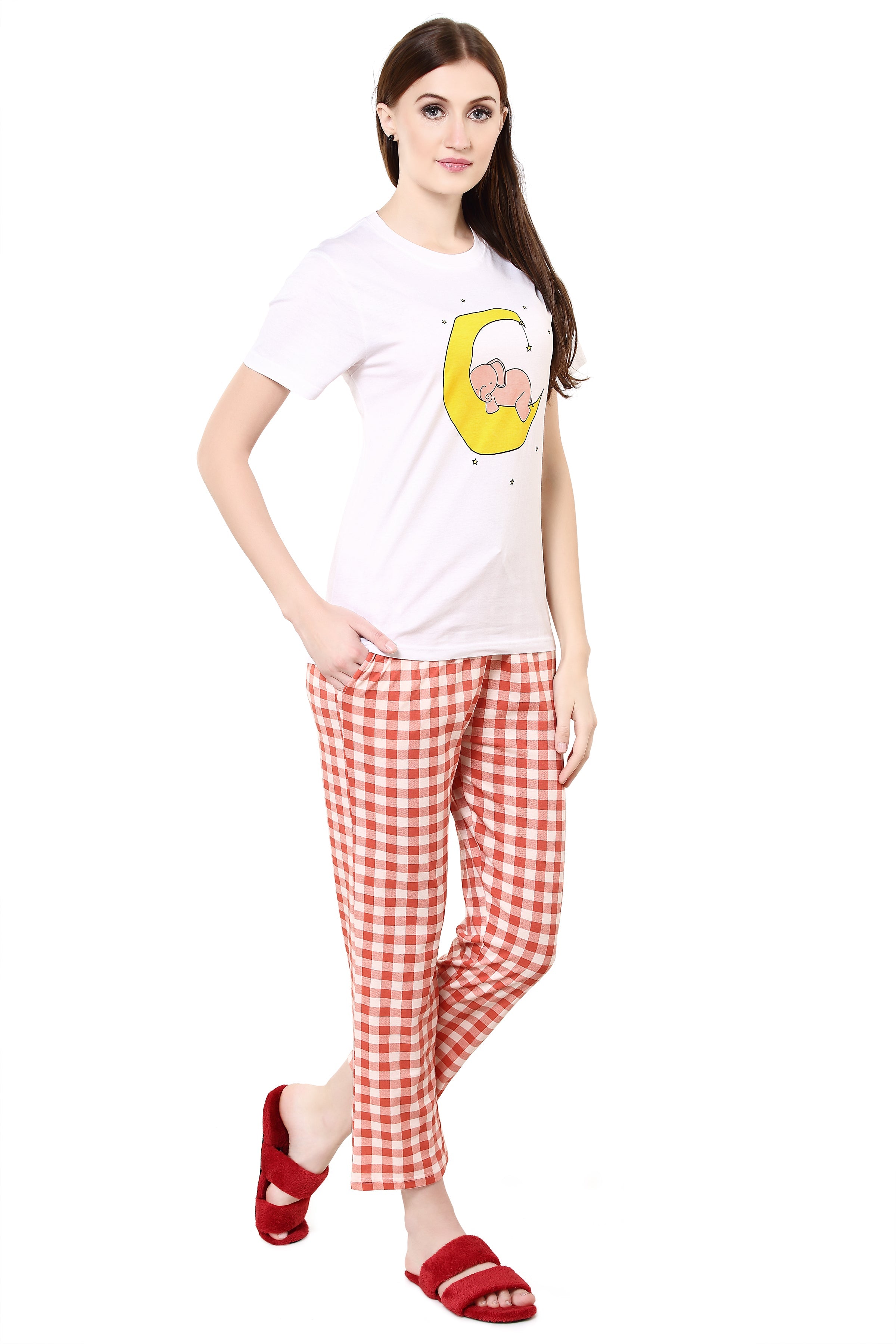 Pain Peach Moon with Elephhant Printed Pajama Set Get free eyemask inside of any design