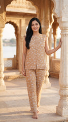Evolove X Venus Women's Premium Soft Rayon Slub Fabric Pajama Set | Half Sleeve Printed Top & Full-Length Pajama | Breathable Night Suit, Loungewear & Sleepwear  ( NPSRS3534CB )