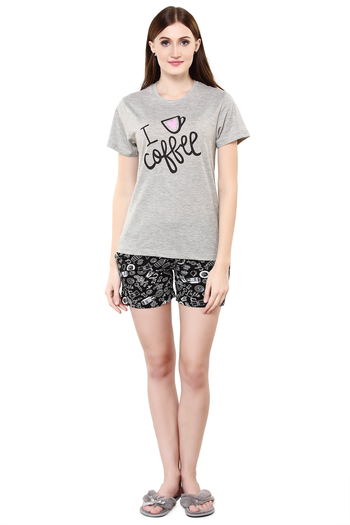 Goat Grey I love Coffee Printed Shorts Set Get Free Eyemask Inside Of Any Design