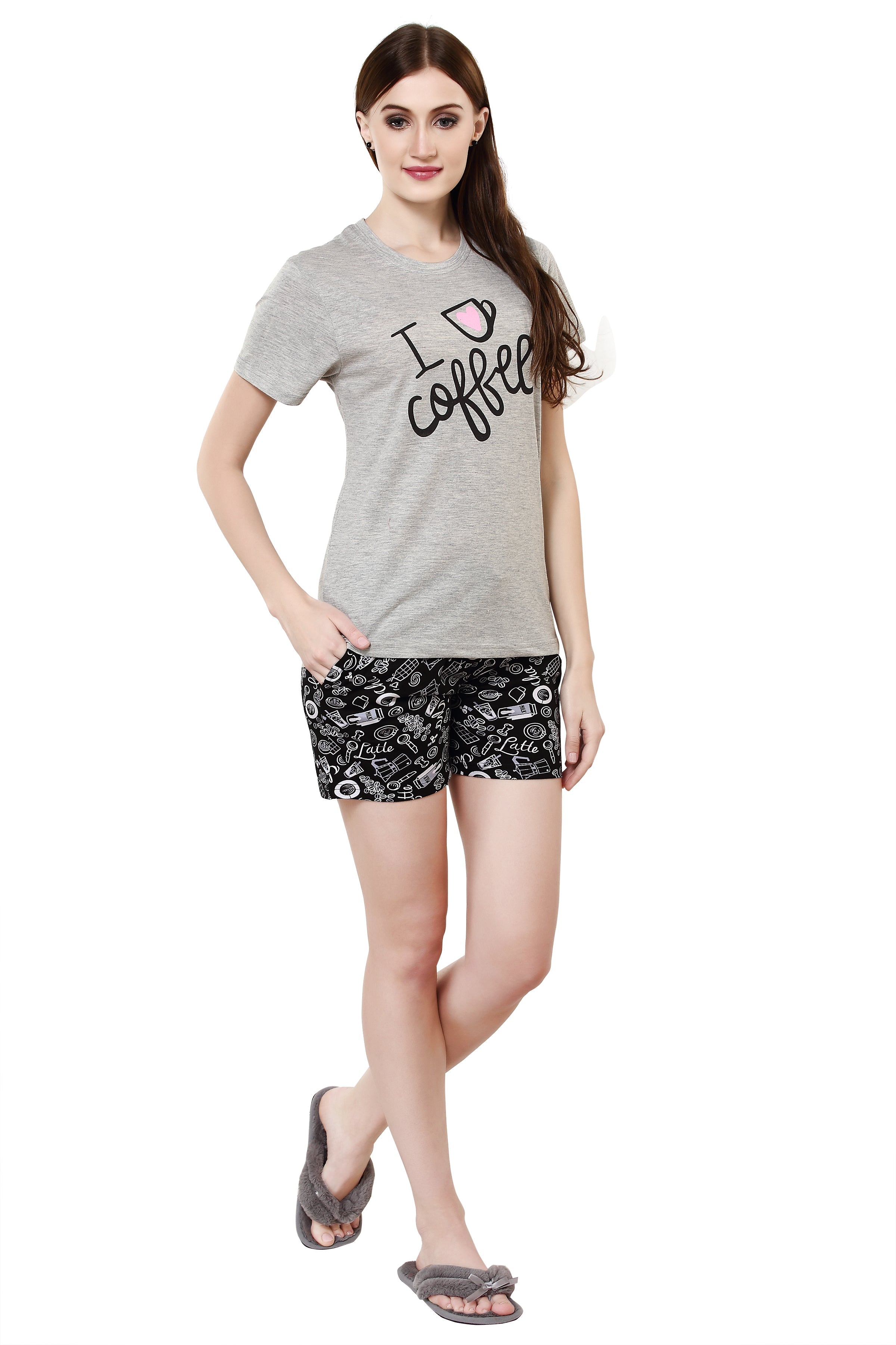 Goat Grey I love Coffee Printed Shorts Set Get Free Eyemask Inside Of Any Design