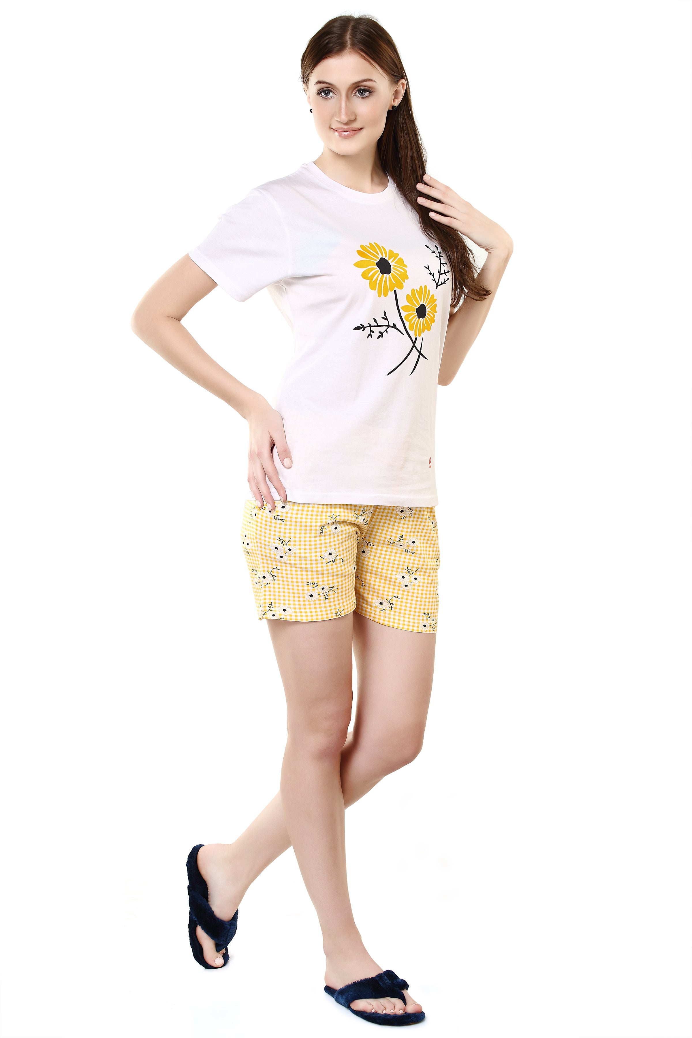 White & cyber yellow I love flower Printed Shorts Set Get Free Eyemask Inside Of Any Design