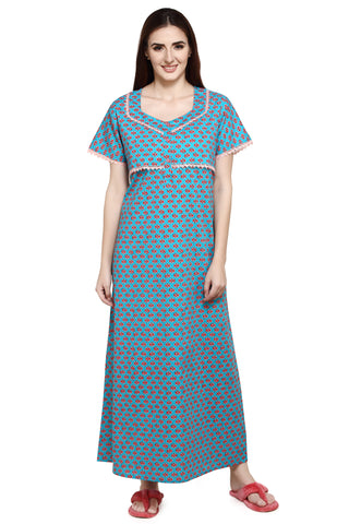 Evolove Women's 100% Cotton Printed Maxi Nighty Sleepwear Super Comfortable & Soft Cotton