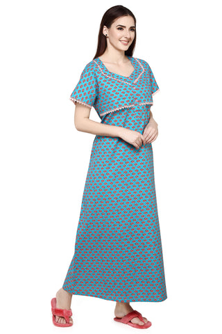 Evolove Women's 100% Cotton Printed Maxi Nighty Sleepwear Super Comfortable & Soft Cotton