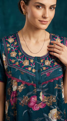 Alpine Designer Long Nightgown with Embroidery for Women with Side Pocket | Soft Breathable Fabric | Printed Maxi Nighty | Comfortable Daily Wear