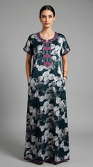Alpine Designer Long Nightgown with Embroidery for Women with Side Pocket | Soft Breathable Fabric | Printed Maxi Nighty | Comfortable Daily Wear