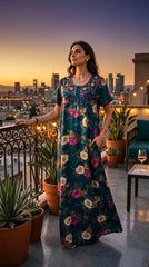 Alpine Designer Long Nightgown with Embroidery for Women with Side Pocket | Soft Breathable Fabric | Printed Maxi Nighty | Comfortable Daily Wear