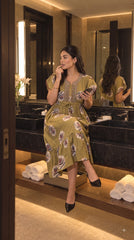 Evolove Alpine Short Nighty for Women | Olive Green Floral Printed Knee-Length Nightgown with Embroidered Neckline & Waist Tie