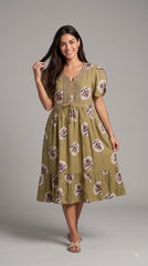 Evolove Alpine Short Nighty for Women | Olive Green Floral Printed Knee-Length Nightgown with Embroidered Neckline & Waist Tie