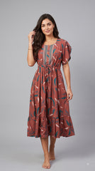 Evolove Alpine Short Nighty for Women | Rust Pink Printed Midi Nightgown with Decorative Neckline & Waist Tie
