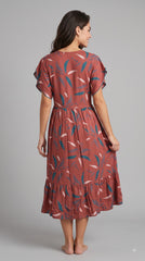 Evolove Alpine Short Nighty for Women | Rust Pink Printed Midi Nightgown with Decorative Neckline & Waist Tie