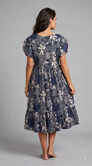 Evolove Alpine Short Nighty for Women | Navy Blue Floral Printed Midi Nightgown with Embroidered Neckline & Adjustable Waist Tie