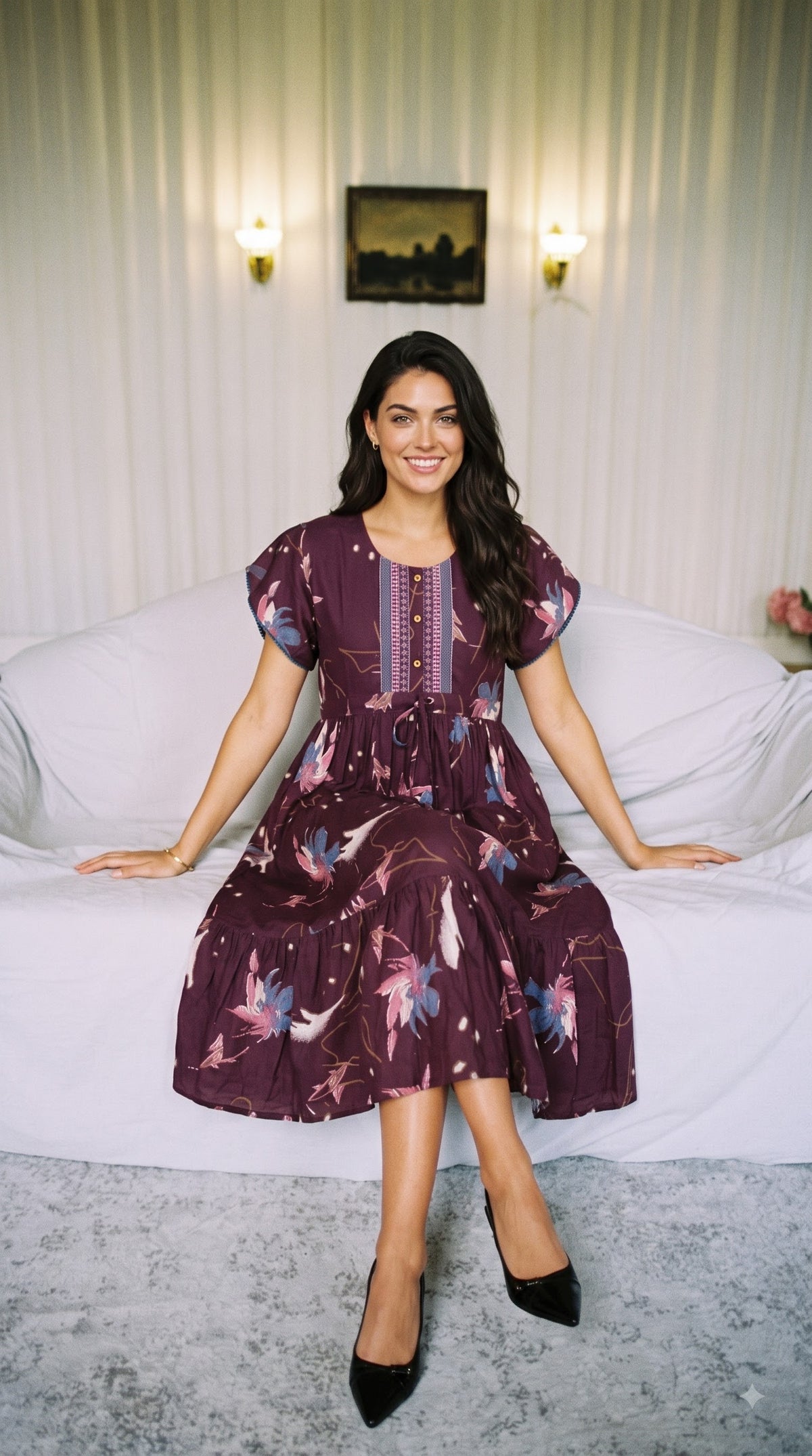 Evolove Alpine Short Nighty for Women | Wine Purple Floral Printed Midi Nightgown with Button Front & Adjustable Waist Tie