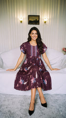 Evolove Alpine Short Nighty for Women | Wine Purple Floral Printed Midi Nightgown with Button Front & Adjustable Waist Tie