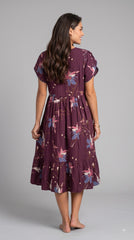 Evolove Alpine Short Nighty for Women | Wine Purple Floral Printed Midi Nightgown with Button Front & Adjustable Waist Tie