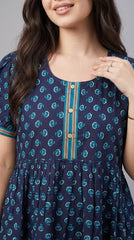 Evolove Cotton Nighty for Women | Navy Blue Printed Cotton Midi Nightgown with Short Sleeves & Tiered Hem
