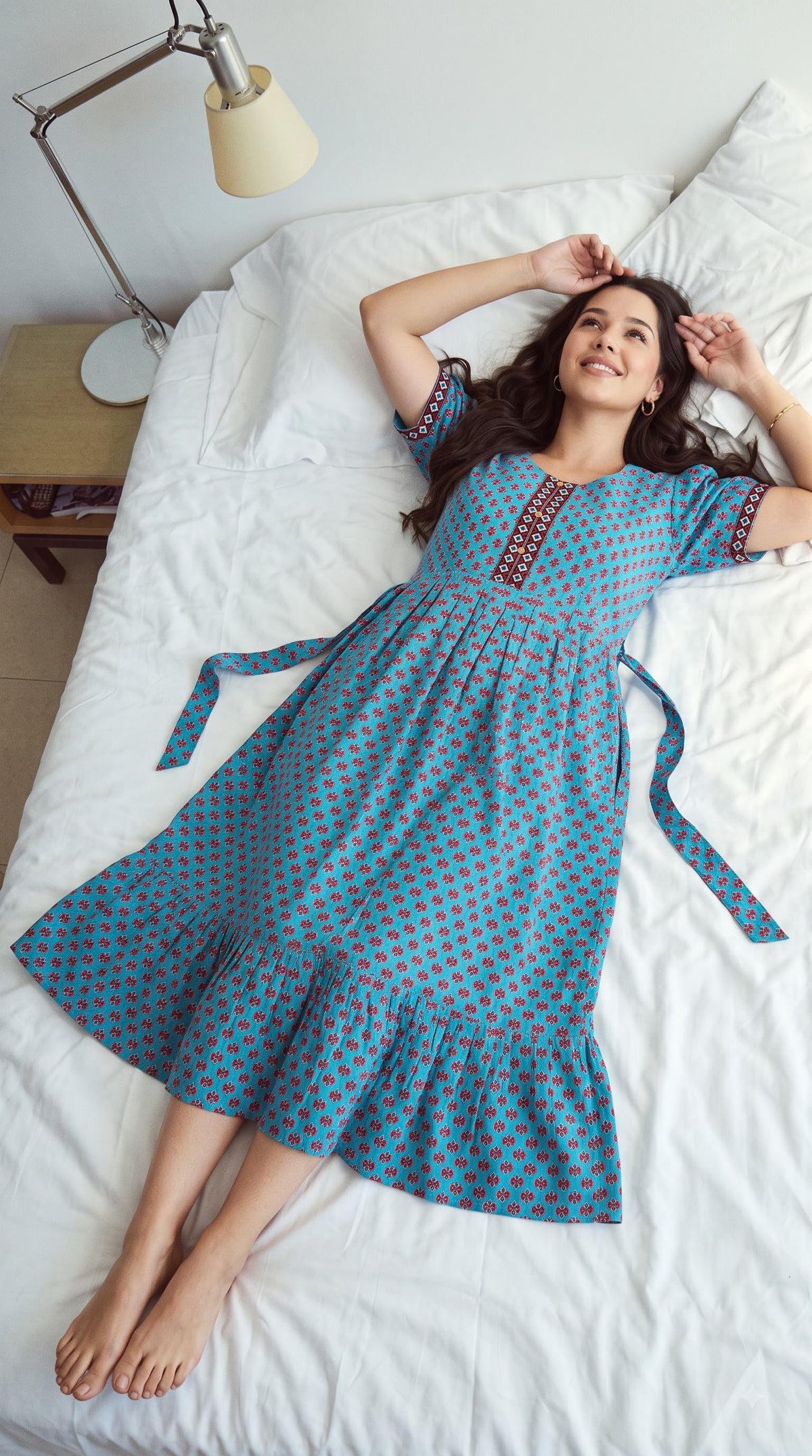 Evolove Women's Cotton Printed Nighty | Turquoise Blue Floral Midi Nightgown with Short Sleeves