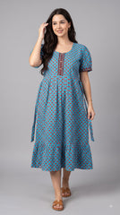 Evolove Women's Cotton Printed Nighty | Turquoise Blue Floral Midi Nightgown with Short Sleeves