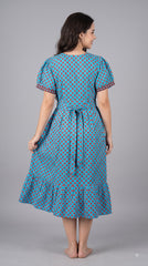 Evolove Women's Cotton Printed Nighty | Turquoise Blue Floral Midi Nightgown with Short Sleeves