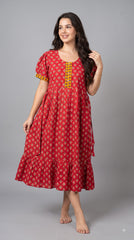 Evolove Women's Cotton Printed Nighty | Red Floral Midi Nightgown with Short Sleeves