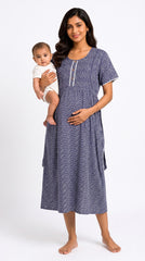 Evolove Rayon Maternity Feeding Nighty for Women | Navy Blue Leaf Print Nursing Nightgown with Invisible Feeding Zippers