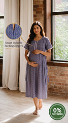 Evolove Rayon Maternity Feeding Nighty for Women | Navy Blue Leaf Print Nursing Nightgown with Invisible Feeding Zippers