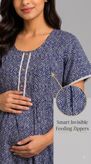 Evolove Rayon Maternity Feeding Nighty for Women | Navy Blue Leaf Print Nursing Nightgown with Invisible Feeding Zippers
