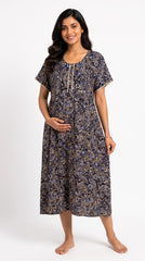 Evolove Rayon Maternity Feeding Nighty for Women | Navy Blue Paisley Printed Nursing Nightgown with Invisible Zippers