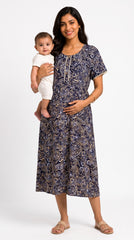 Evolove Rayon Maternity Feeding Nighty for Women | Navy Blue Paisley Printed Nursing Nightgown with Invisible Zippers