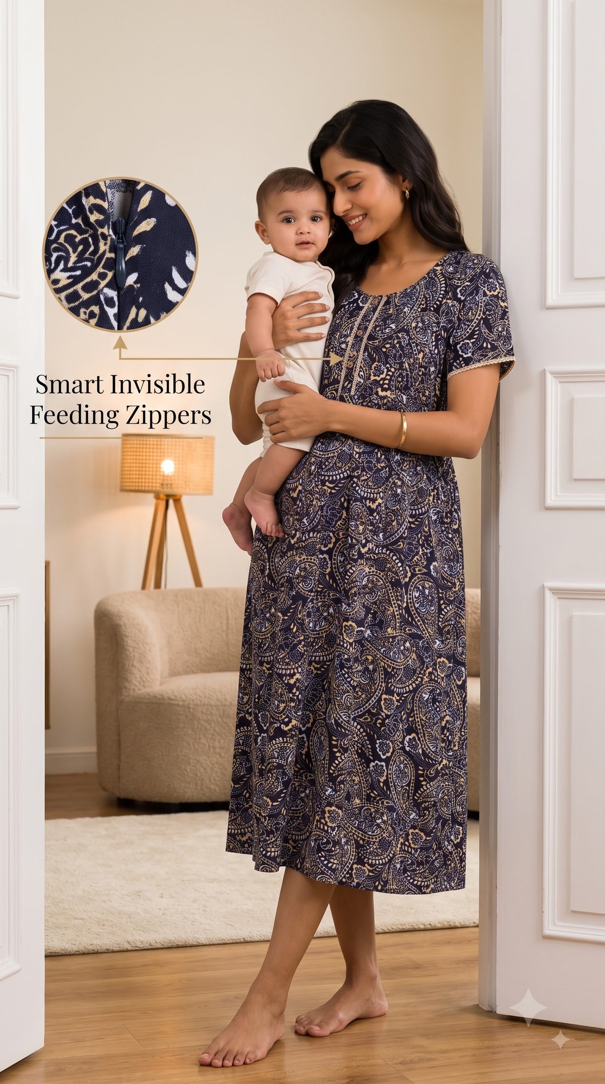 Evolove Rayon Maternity Feeding Nighty for Women | Navy Blue Paisley Printed Nursing Nightgown with Invisible Zippers