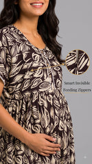 Evolove Rayon Maternity Feeding Nighty for Women | Brown Leaf Print Nursing Nightgown with Invisible Feeding Zippers