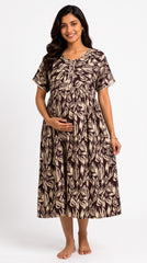 Evolove Rayon Maternity Feeding Nighty for Women | Brown Leaf Print Nursing Nightgown with Invisible Feeding Zippers