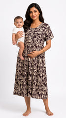 Evolove Rayon Maternity Feeding Nighty for Women | Brown Leaf Print Nursing Nightgown with Invisible Feeding Zippers