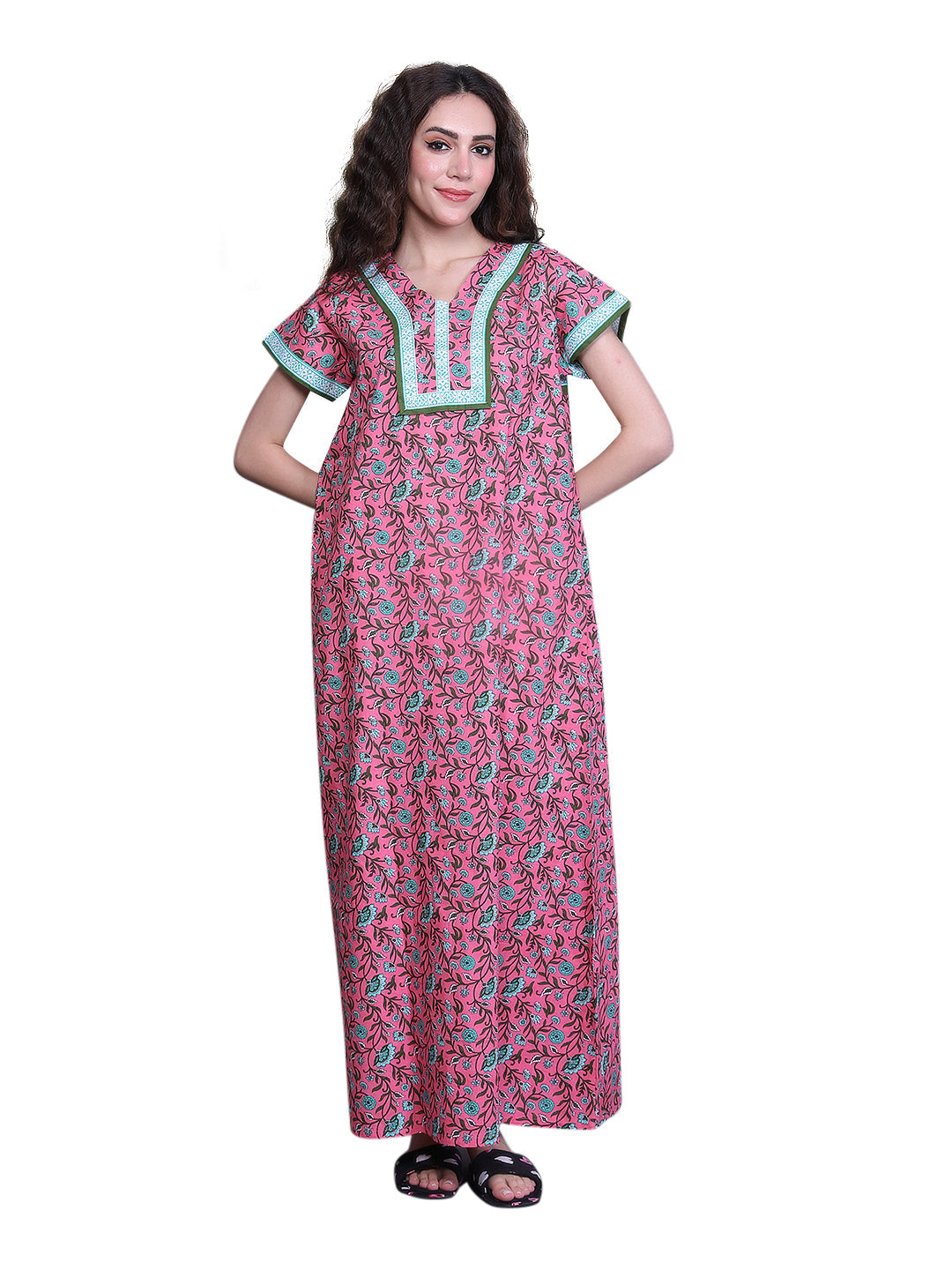 Printed Short Sleeves Full Length Night Wear Gown