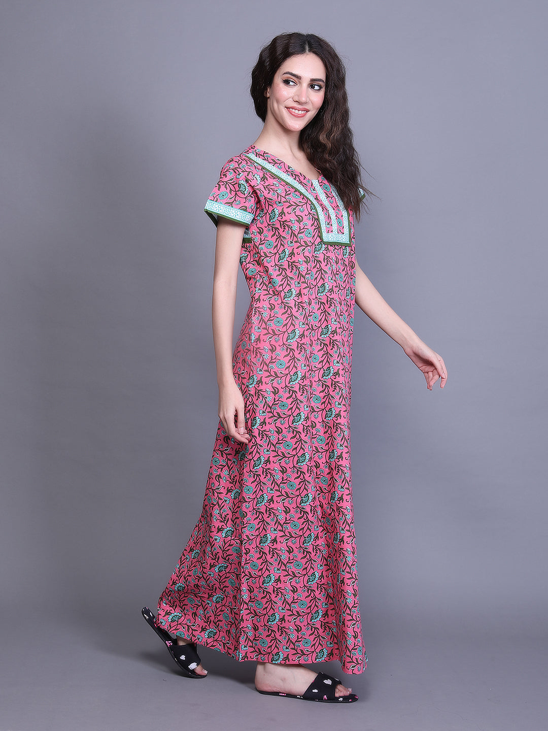 Printed Short Sleeves Full Length Night Wear Gown