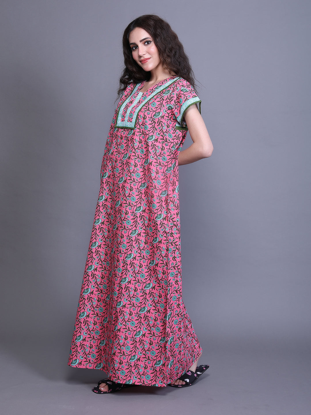 Printed Short Sleeves Full Length Night Wear Gown