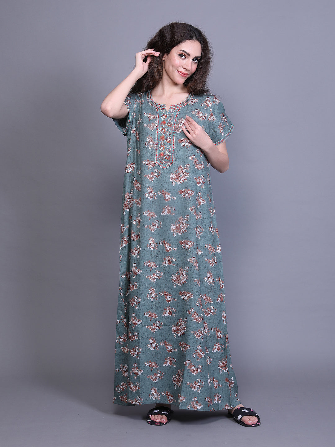 Printed Short Sleeves Full Length Night Wear Gown