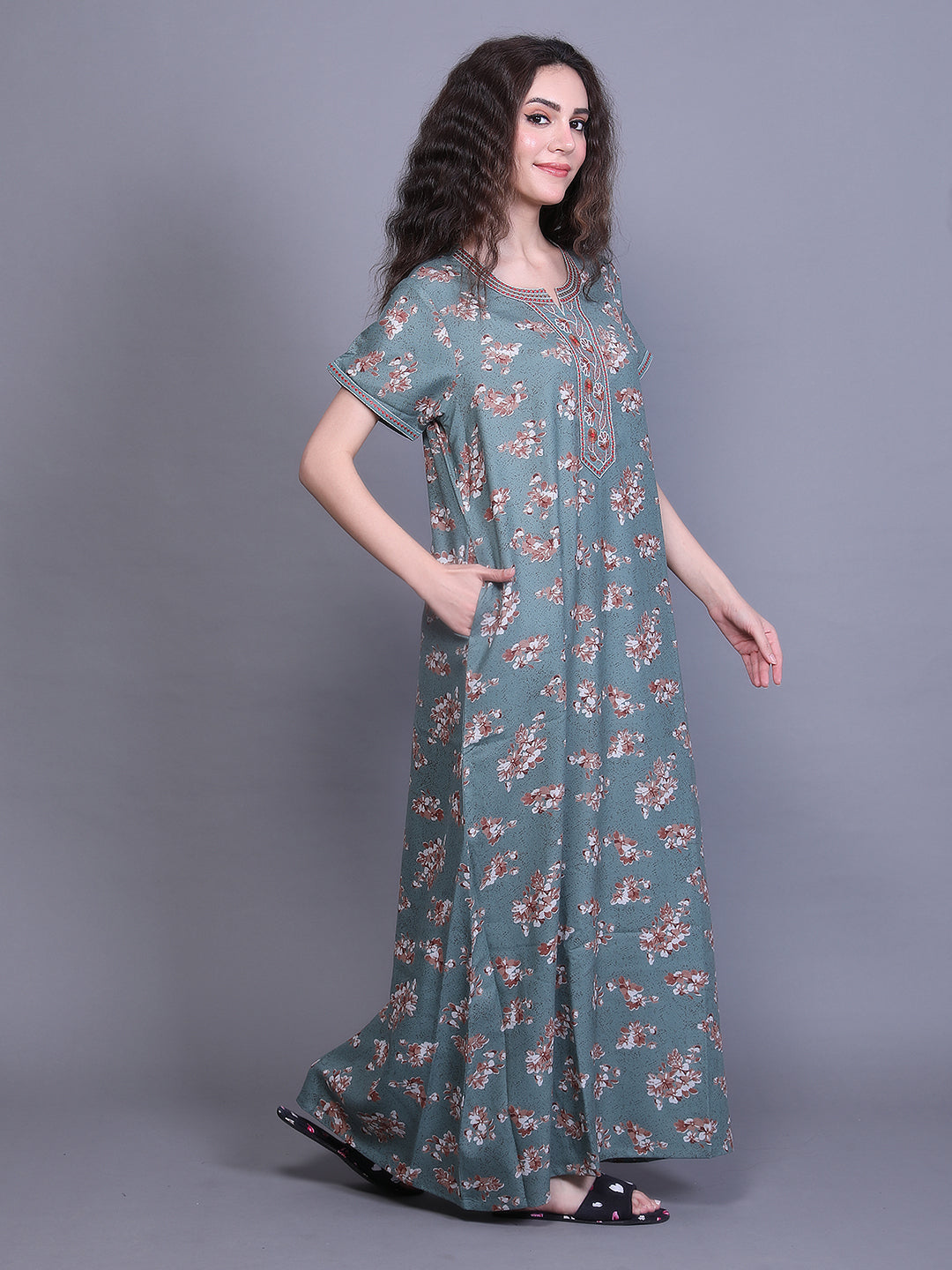 Printed Short Sleeves Full Length Night Wear Gown