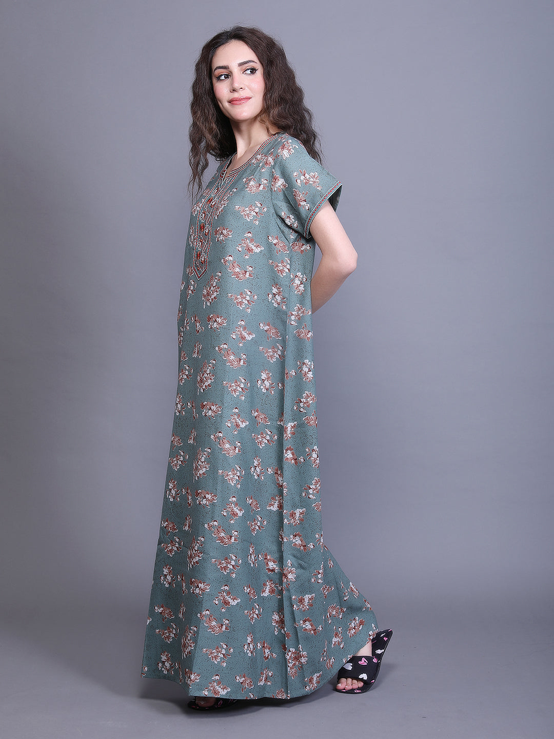 Printed Short Sleeves Full Length Night Wear Gown