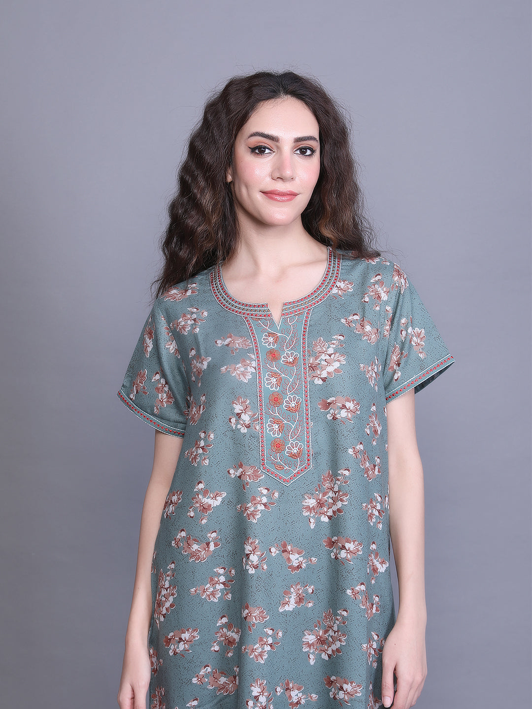 Printed Short Sleeves Full Length Night Wear Gown