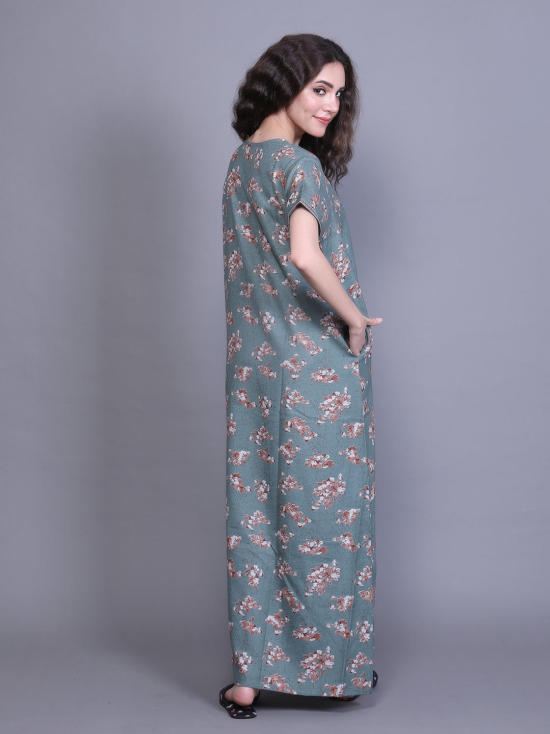 Printed Short Sleeves Full Length Night Wear Gown