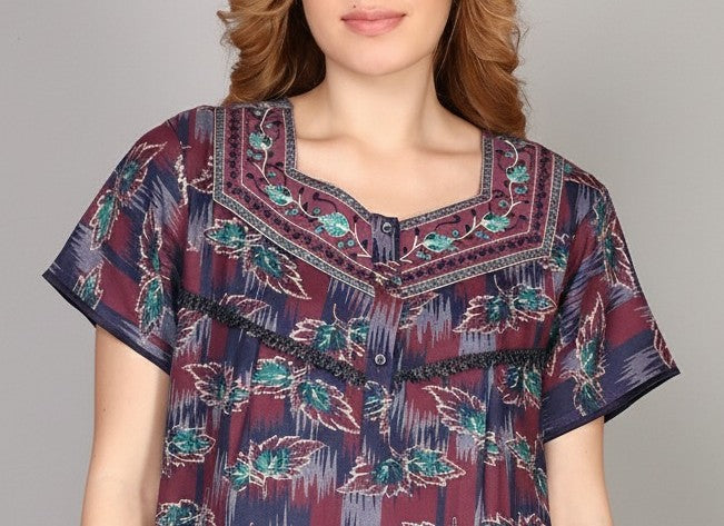Premium Alpine Fabric Long Nightgown with Embroidery for Women with Side Pocket | Soft Breathable Fabric | Printed Maxi Nighty | Comfortable Daily Wear