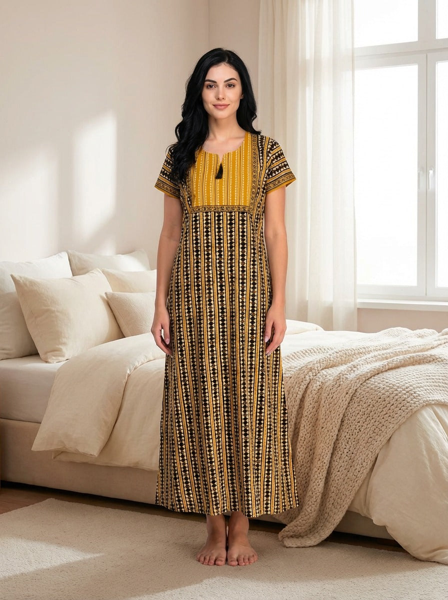 100% Cotton Night Gown Nighty with    1 Side Pockets Tassel at Super Soft Comfortable