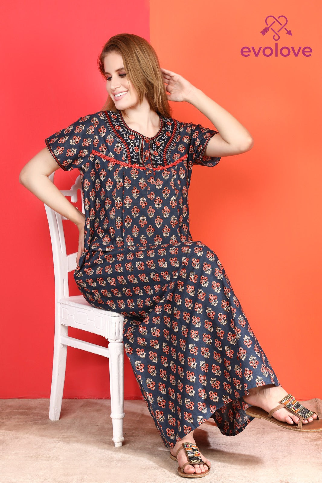 🌸 Evolove Cotton Nighty Maxi for Women Printed Short Sleeves | Full-Length | Side Pocket