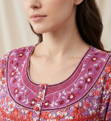 🌸 Evolove 100% Cotton Nighty with Embroidery Maxi for Women Printed Short Sleeves | Full-Length | Side Pocket