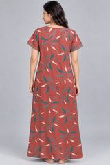 Alpine Women’s Printed Long Nightgown – Short Sleeve Floral Leaf Print with Embroidered Neckline